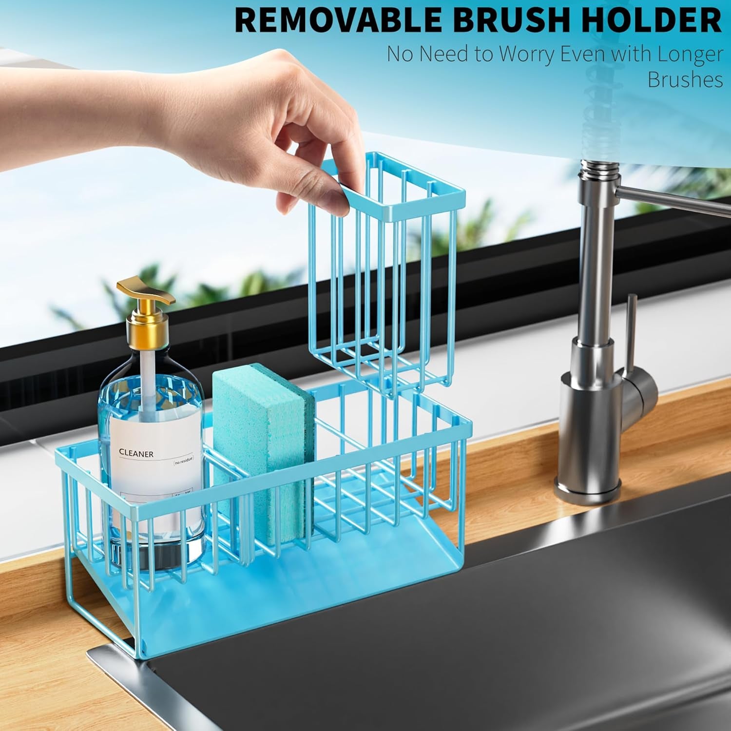 Blue Kitchen Sink Caddy Organzier with High Brush Holder, Sponge Holder for Sink, 304 Rustproof Stainless, Kitchen Countertop Soap Dispenser Organizer, Home Decor and Accessories