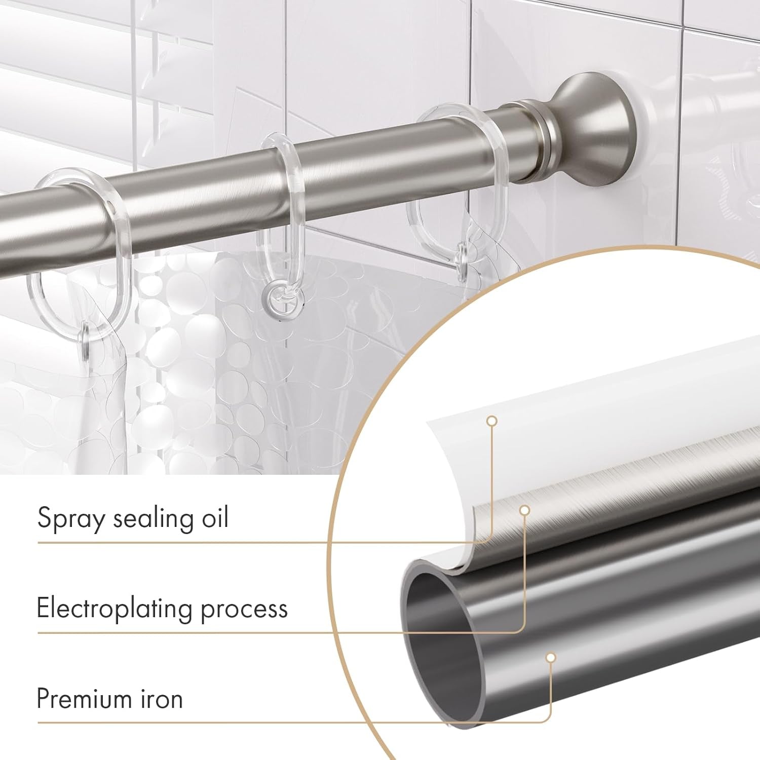Spring Tension Shower Curtain Rod, 26-42 Inches Rust-Resistance Tension Curtain Rod Bathroom Rod, Adjustable Shower Curtain Rod No Drill, Nickel