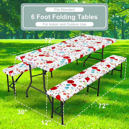 Picnic Table Cover with Bench Cover, Waterproof Elastic Fitted Tablecloth for 6 Foot Tables, Rectangle Washable Polyester Fabric Tablecloths for Picnic, Camping, Outdoor (Flower, 30" X 72")