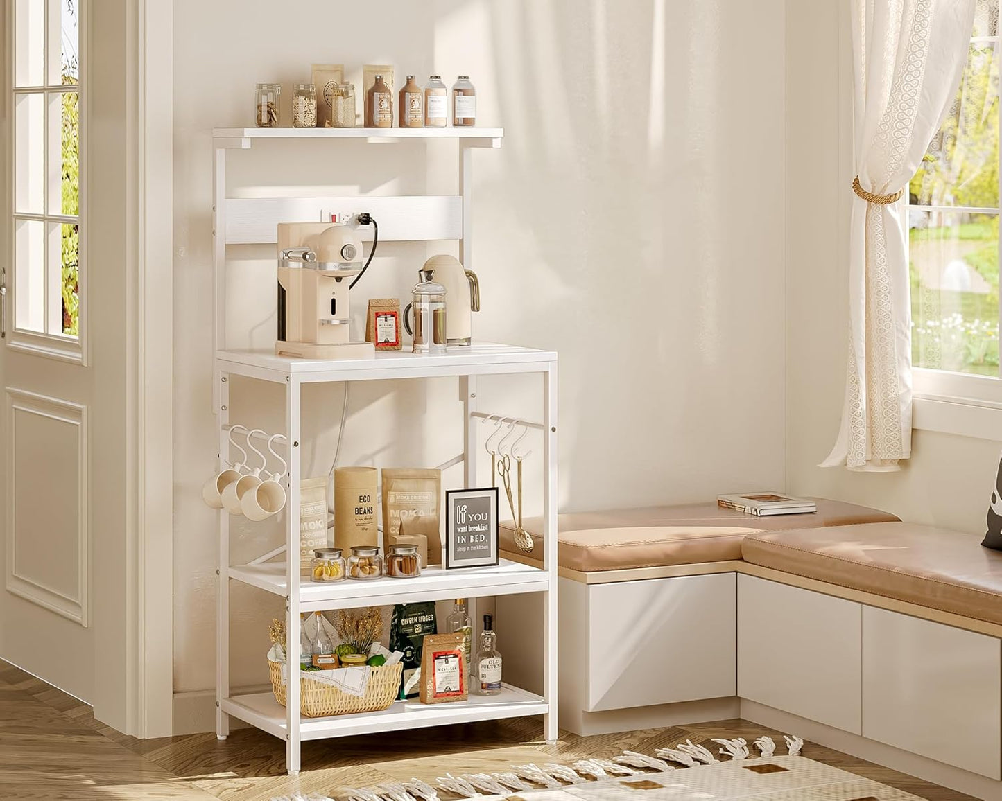 Professional Kitchen Bakers Rack with Power Outlet, 4-Tier Coffee Bar Table, Microwave Stand with 6 S-Shaped Hooks, Storage Shelf for Spices, Pots, and Pans - White