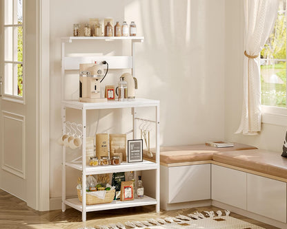 Professional Kitchen Bakers Rack with Power Outlet, 4-Tier Coffee Bar Table, Microwave Stand with 6 S-Shaped Hooks, Storage Shelf for Spices, Pots, and Pans - White