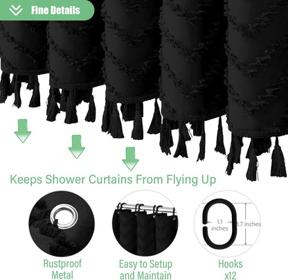 Boho Farmhouse Shower Curtain, Black Fabric Tufted Chevron Striped Textured Tassel Shower Curtains for Bathroom, Water Repellent, Minimalist Ruffled Cloth Shower Curtain Set with Hook, 72X72