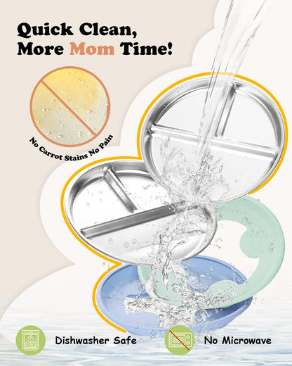 Stainless Steel Toddler Suction Plate with Lid, Deeper 9" Divided Plates with Removable Silicone Sleeves for Kids, Non Toxic & BPA Free | Unbreakable Baby Snack Dishes Set of 2, Blue & Sage