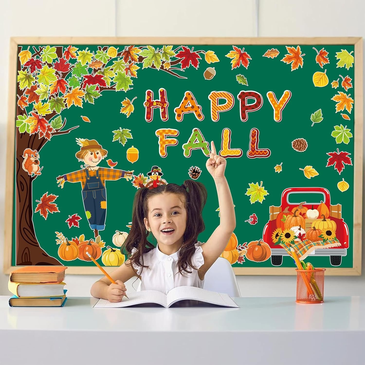 89Pcs Happy Fall Bulletin Board Decorations Set Fall Tree Pumpkin Maple Leaves Turkey Cutouts with Glue Points for Halloween Thanksgiving Autumn Home School Classroom Wall Chalkboard Decor