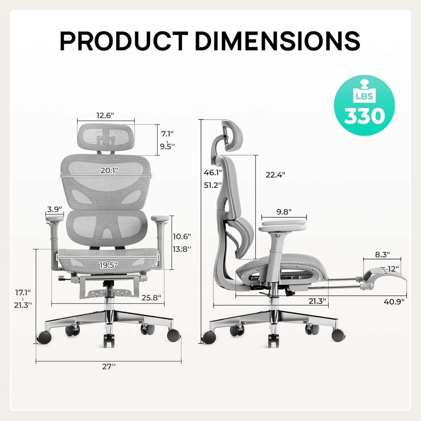 Ergonomic Mesh Office Chair with Footrest and Lumbar Support, Adjustable Gaming Chair with Multi-Tilt Backrest, Headrest, and 3D Armrests, Sturdy Steel Base, Grey