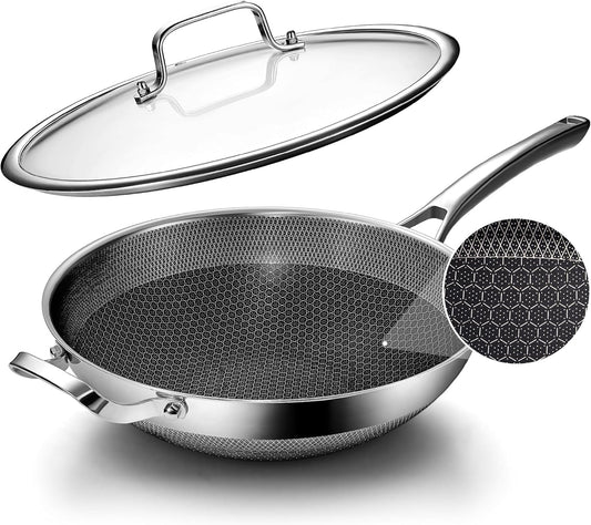 Wok Pan,13 Inch Hybrid Wok with Lid,Pfoa Free Cookware,Non Stick Stainless Steel Woks & Stir-Fry Pans Nonstick, Dishwasher and Oven Safe, Works on Induction
