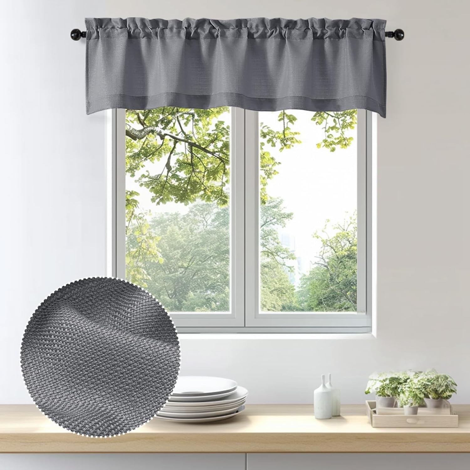 Bob 1 PCS Dark Grey Valances for Windows, Faux Linen Textured Kitchen Window Curtains Valance for Bedroom Living Room, Modern Soft Airy Solid Rod Pocket Bathroom Cafe Curtain, 60Wx14L Inch