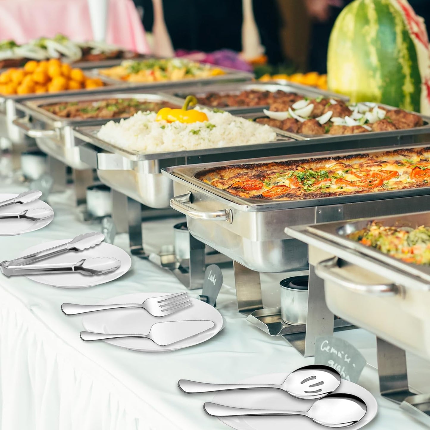 Serving Utensils,  6-Piece Stainless Steel Serving Utensil Set Include Serving Spoon, Slotted Serving Spoon, Serving Fork,Serving Tong, Appetizers Tong,Pie Server (Silver), Regular