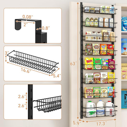 over the Door Pantry Organizer, 8-Tier Adjustable Spice Rack Cabinet Door Shelves, Hanging Seasoning Organizer for Kitchen Bathroom, Laundry Room Organization, Black