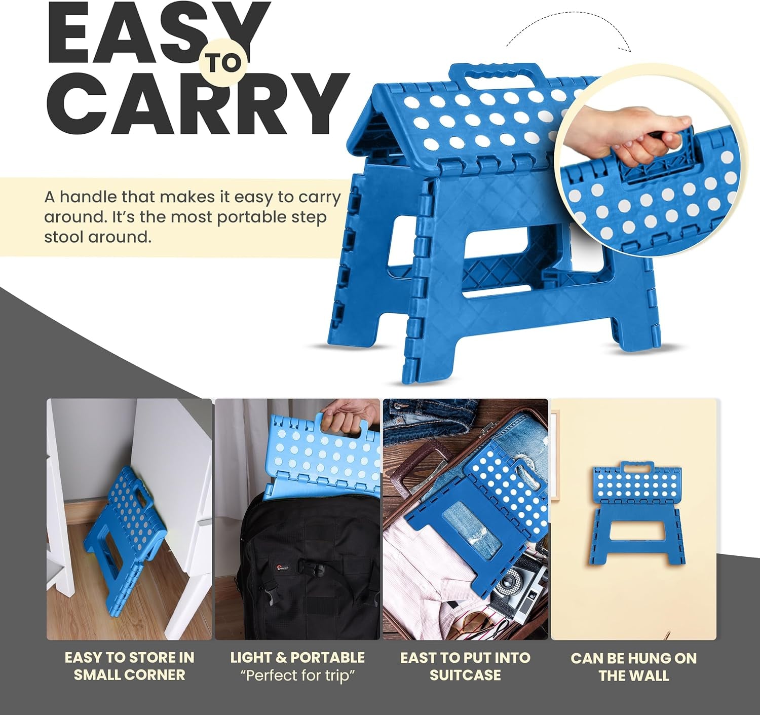 Folding Step Stool - (Pack of 1) Foot Stool with 9 Inch Height - Holds up to 300 Lbs - Lightweight Plastic Foldable Step Stool for Kitchen, Bathroom & Living Room (Blue)