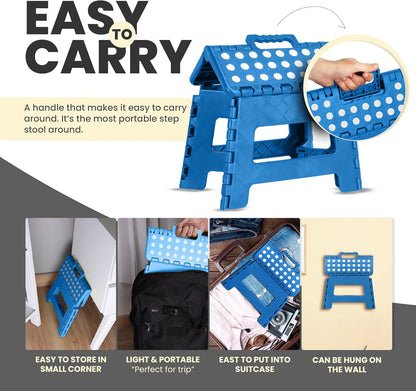 Folding Step Stool - (Pack of 1) Foot Stool with 9 Inch Height - Holds up to 300 Lbs - Lightweight Plastic Foldable Step Stool for Kitchen, Bathroom & Living Room (Blue)