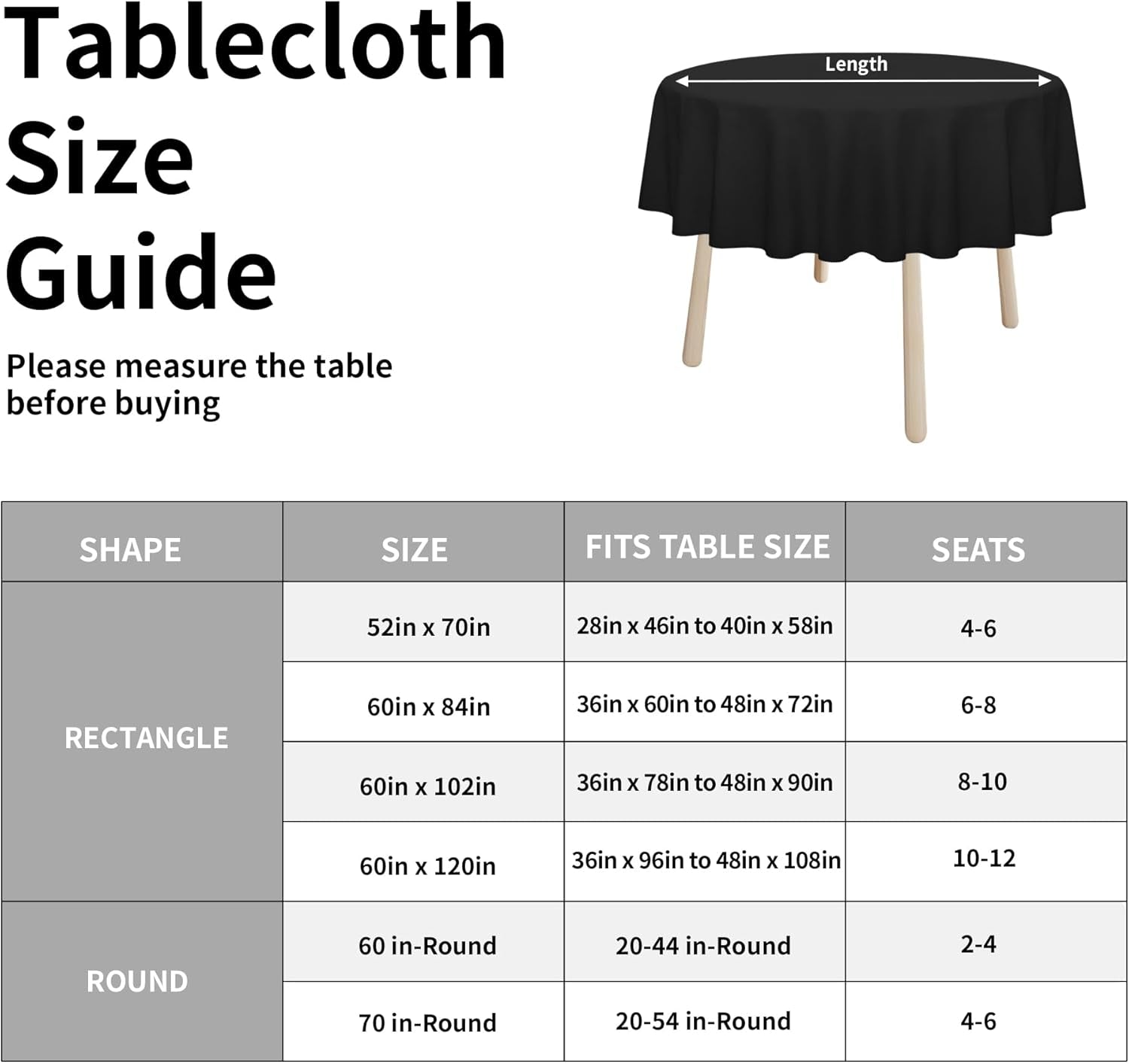 Faux Linen Waterproof Spill-Proof Tablecloth Stain Resistant round Table Cloth Wrinkle Free Decorative Fabric for Kitchen, Dining, Party, Weddings, Restaurants (70 In-Round, Black)