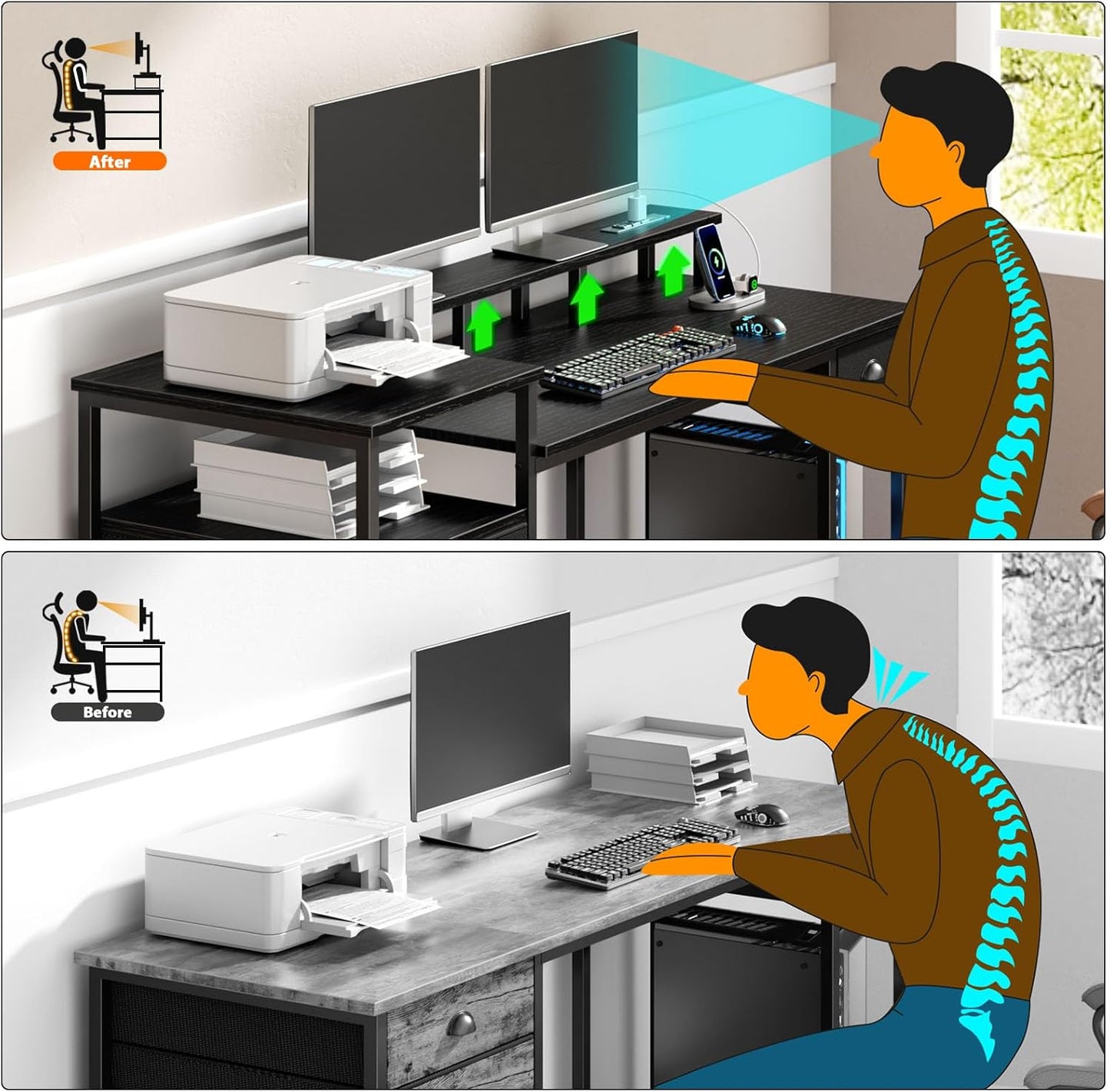 60" Black Computer Desk with 4 Drawers and Printer Space, Gaming Desk with LED Lights and USB Power Outlets, Home Office Desk with Fabric File Cabinet,Study Work Table with Shelf for Bedroom