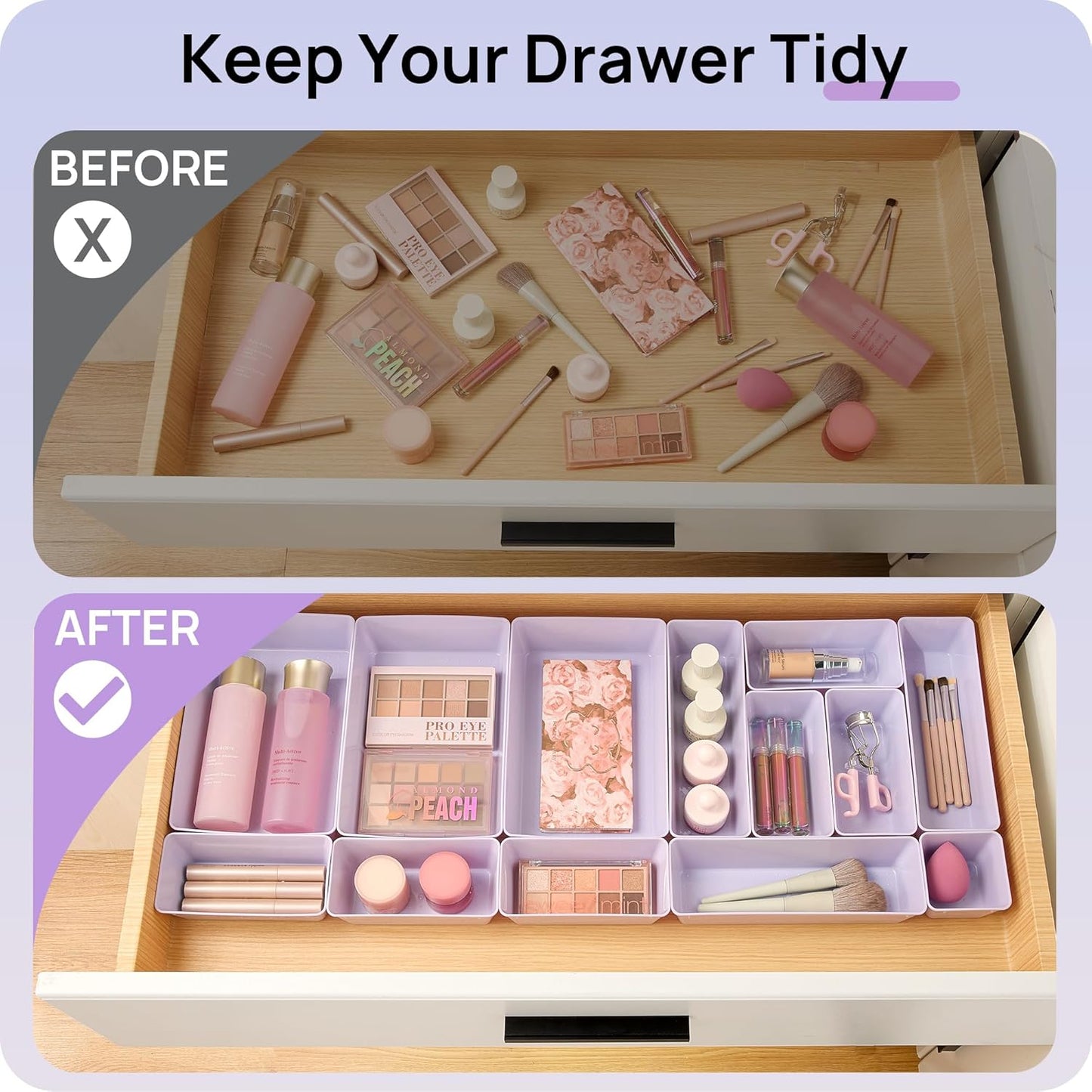 25 PCS Plastic Drawer Organizers Set, 4-Size Versatile Bathroom and Vanity Drawer Organizer Trays, Storage Bins for Makeup, Bedroom, Kitchen Gadgets Utensils and Office