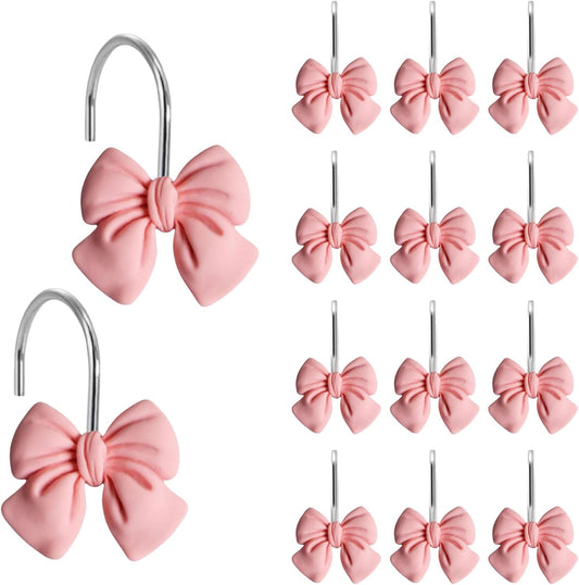 12Pcs Pink Bow Shower Curtain Hooks Set, Kawaii Bow Resin Hooks for Pink Bathroom Decor, Pink Bow Christmas, Coquette Bedroom, Girly Nursery, Cute Home Accessories