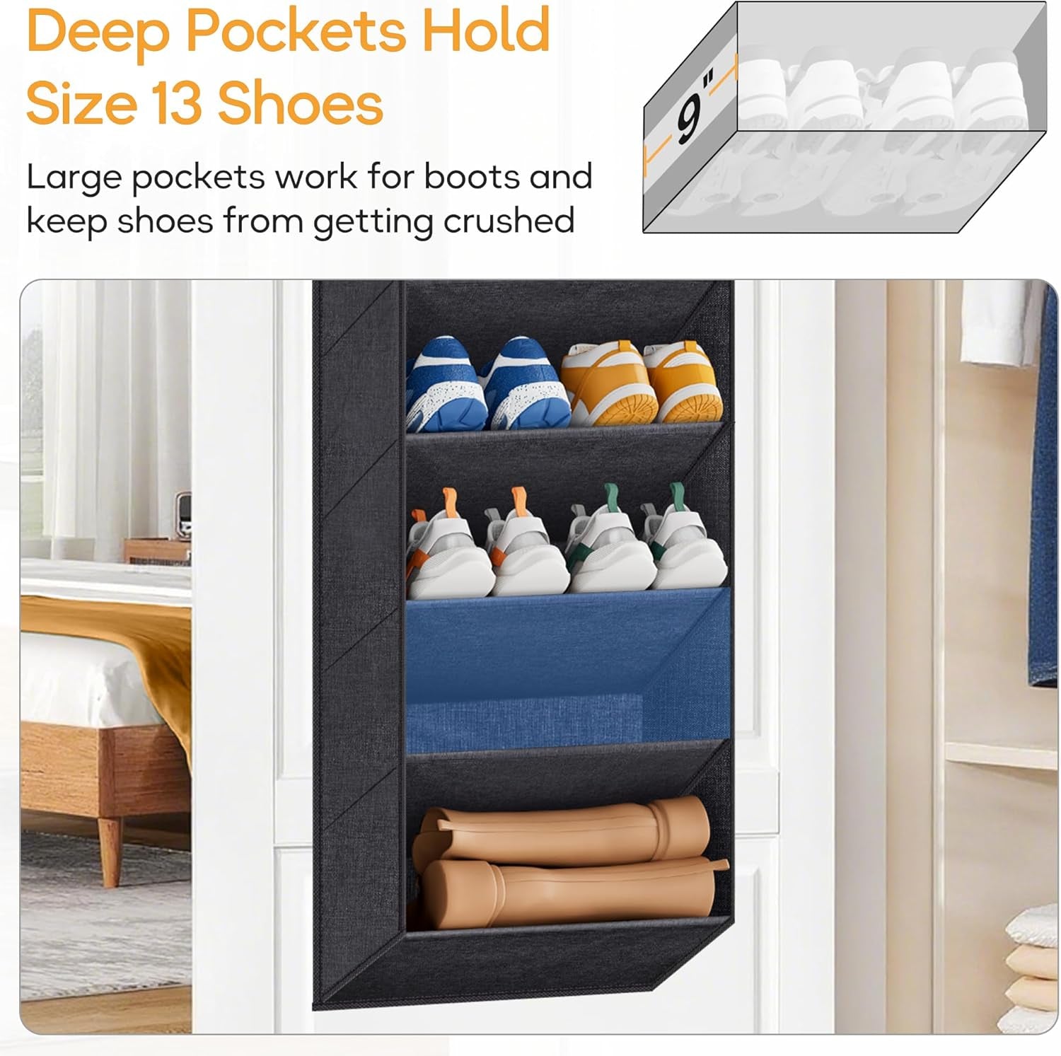 10 Tier over the Door Shoe Organizer with Large Pockets, Hanging Shoe Rack for Closet Door Storage, Fits 20 Pairs of Sneakers Boots Hanger Holder, Black