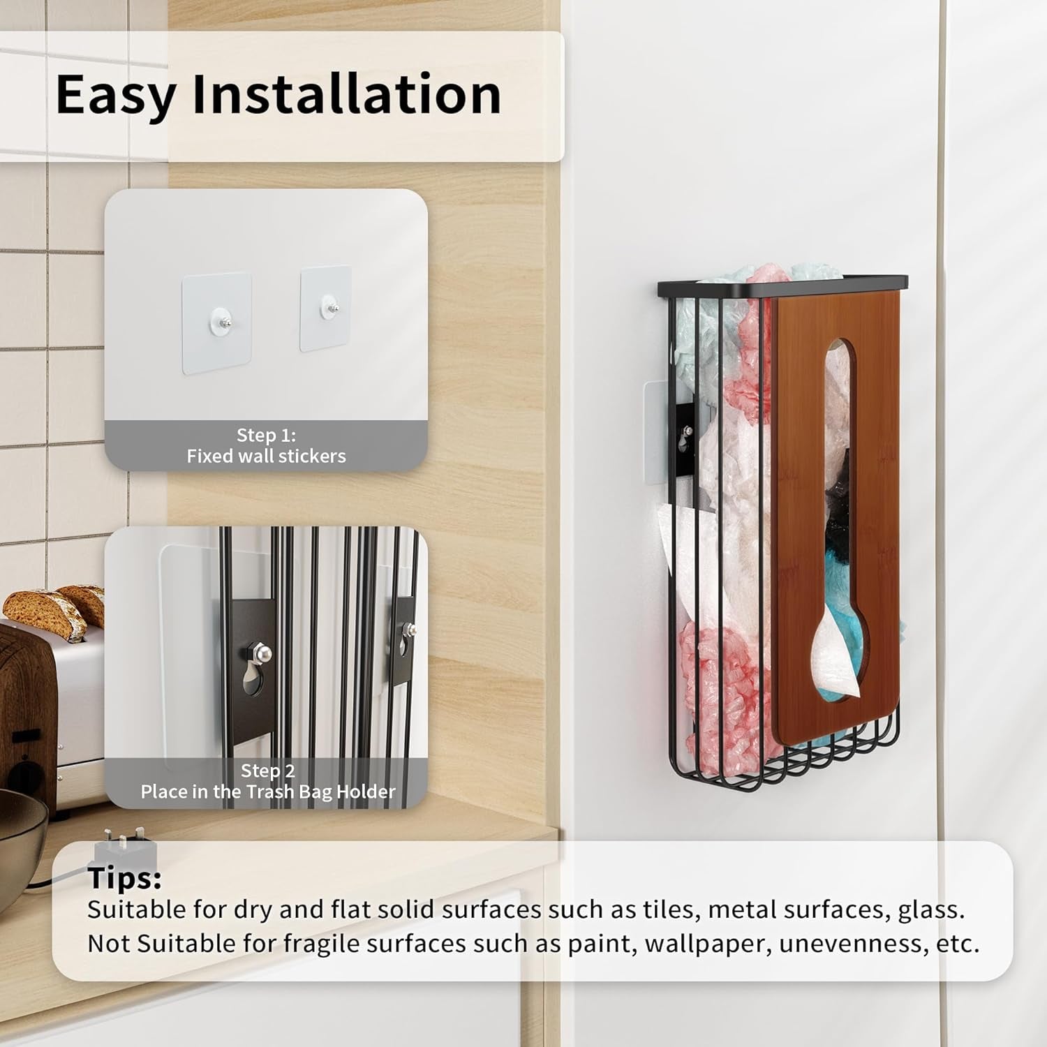 Plastic Grocery Bag Holder - Extra Large Trash Bag Dispenser Wall Mount with Mounting Accessories - Walnut Black Reusable Bags Storage Organizer for Kitchen, under Sink, Pantry, Garage