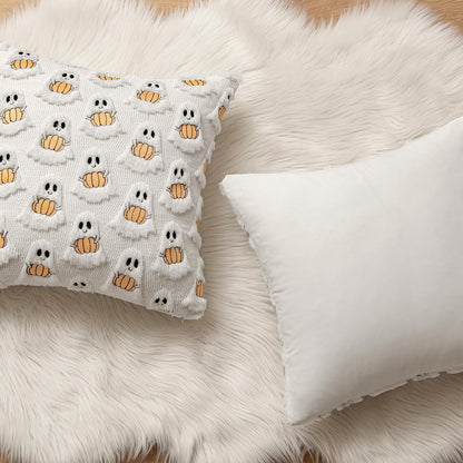 Halloween Pillow Covers Decorative Fall Cute Ghost Plush Faux Fur Pillows 18X18 Inch Set of 2 Soft Pumpkin Accents for Sofa Couch Bed Living Room Festive Home Decor, White Orange