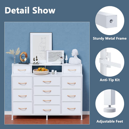 White Bedroom Dresser with LED Lighting and Charging Station, 47" Wide Chest Featuring 12 Fabric Storage Drawers, Versatile Vanity Furniture for Closet and Entryway, Includes 2 Shelves and Metal Frame