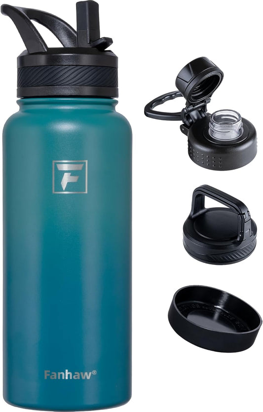 32 Oz Insulated Water Bottle – Portable Stainless Steel Flask with 3 Lids (Straw, Spout, Carabiner) | Leakproof, for Gym, Hiking, Work, Travel & Everyday Use (Green Blue)