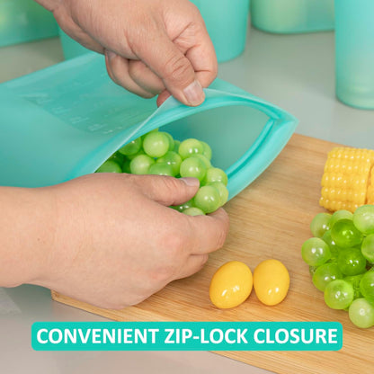 Reusable Food Bags, 12 Pack 100% Silicone Food Storage Bags Stand up Zip Lock Container, Freezer Microwave Oven Dishwasher Safe, 4 Medium 4 Small 4 Extra Small, Aqua