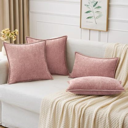 Pack of 2 Couch Throw Pillow Covers 18X18 Inch Blush Pink Farmhouse Decorative Pillow Covers with Stitched Edge Soft Chenille Solid Dyed Spring Pillow Covers for Sofa Bed Living Room