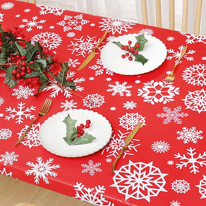 Rectangle Vinyl Tablecloth, Fitted Table Cover, 100% Waterproof, Elastic Edge, Flannel Backing, Plastic Table Cloth Fit 6 Foot Folding Tables for Picnic, Outdoor (Red Snowflake, 30X72 Inch)
