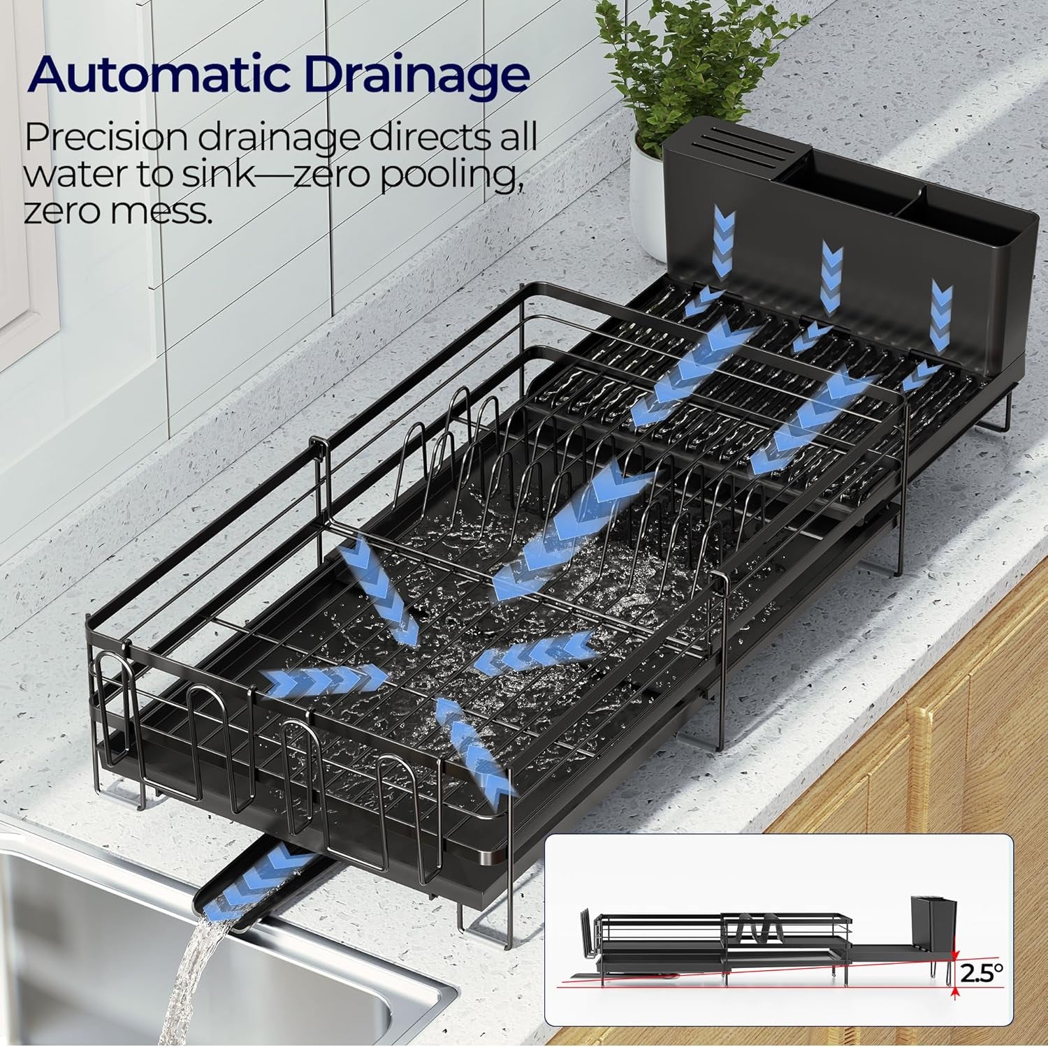Large Dish Drying Rack - Extendable Dish Rack for Kitchen Counter, Multifunctional Dish Drainer with Drainboard Set, Dishrack with Utensil Holder & Cup Holder, 13.4"-28.7" L X 11.8" W, Black