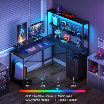 L Shaped Desk with Pegboard, Reversible Computer Desk with Drawers & Storage Shelves, Gaming Desk with LED Lights & Power Outlets, Office Desk with Monitor Stand Corner Desk Home Office Desks