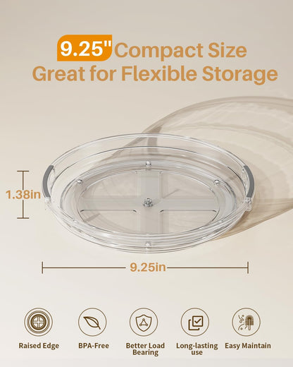 2 Pack Lazy Susan Organizer 9.25 Inch Lazy Susan Turntable for Cabinet, Rotating Spice Organization for Cabinet, Kitchen, Table Top, Countertop, Pantry Fridge Organizers and Storage, Clear