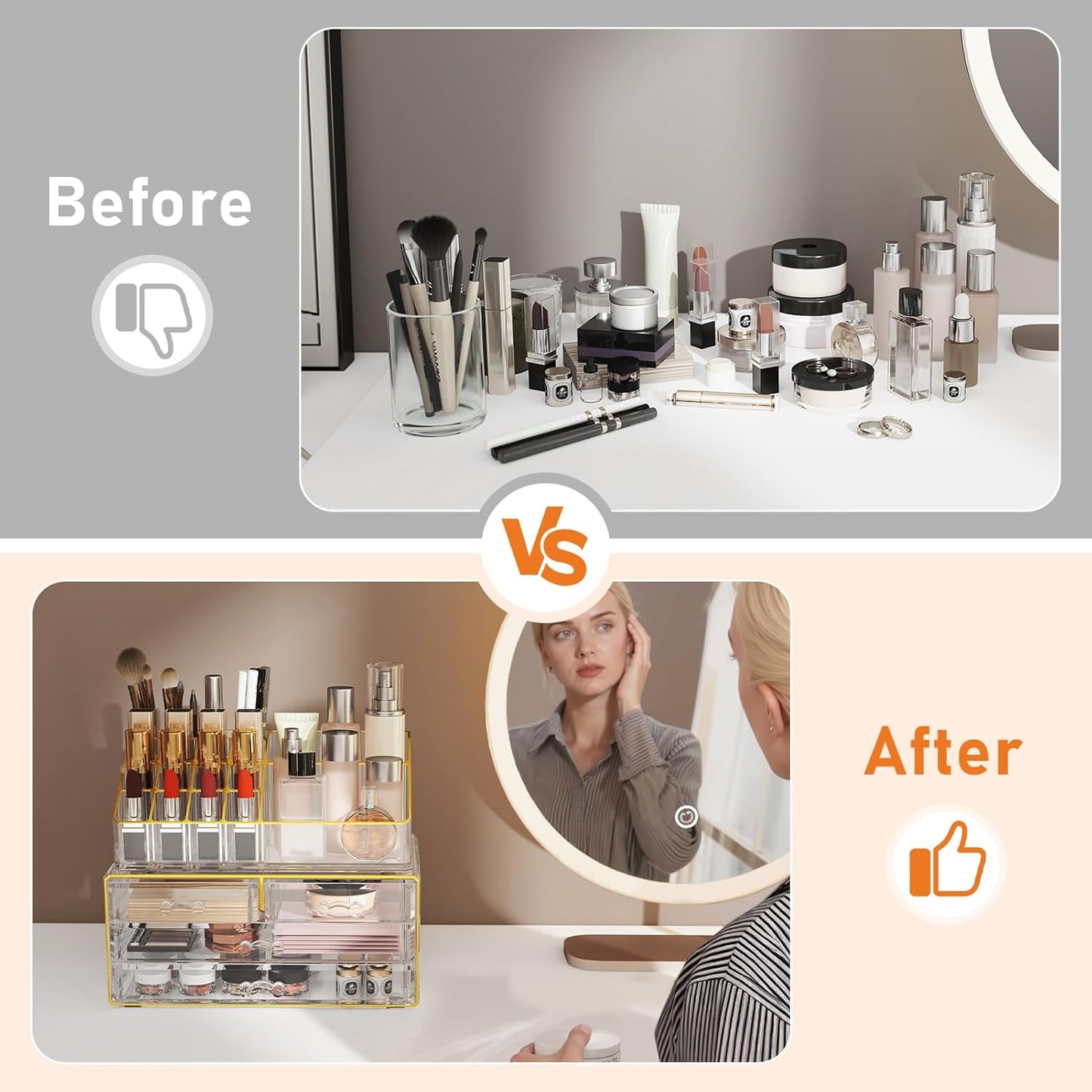 2Pc 4-Drawer Makeup Organizer Countertop Cosmetic Storage for Vanity | Bathroom | Skincare | Perfume Storage, Casual Pairing No Assembly, Ideal Gift for Women, Clear with Luxe Gold Trim