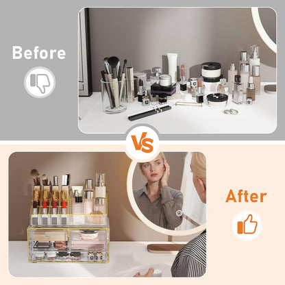 2Pc 4-Drawer Makeup Organizer Countertop Cosmetic Storage for Vanity | Bathroom | Skincare | Perfume Storage, Casual Pairing No Assembly, Ideal Gift for Women, Clear with Luxe Gold Trim