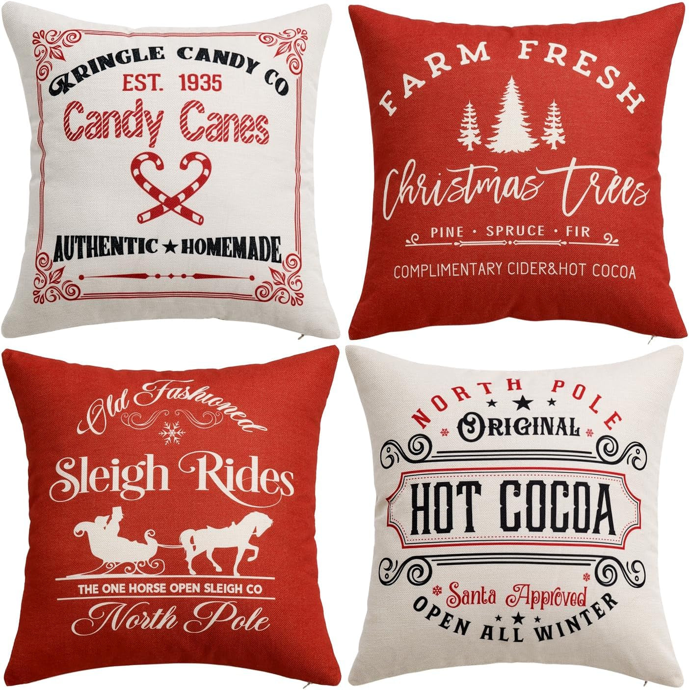 Set of 4 Holiday Red Decorative Pillow Covers 16X16 Inch Candy Canes Sleigh Christmas Tree Throw Pillow Cases Winter Seasonal Cushion Cases Home Decors for Sofa Couch Bedroom