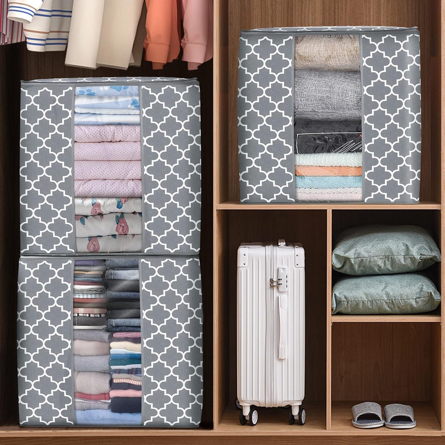 Storage Bags [3 Pack/100L] Large Blanket Clothes Organization and Storage Containers for Comforters,Bedding, Foldable Organizer with Reinforced Handle, Clear Window, Sturdy Zippers,Light Gray