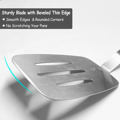 Stainless Steel Spatula Turner, Slotted Metal Spatula for Kitchen Use, Heavy Duty Cooking Turner, Wide Blade with Beveled Edge and Heat Resistant Silicone Handle, Dishwasher Safe