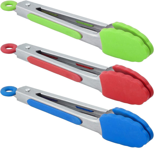 Small Tongs with Silicone Tips 7-Inch Mini Serving Tongs, Set of 3 (Red Blue Green)