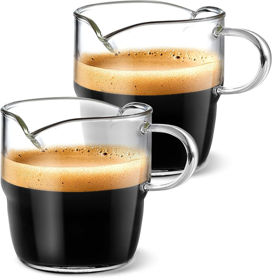 Espresso Cups Set of 2, 6 OZ Double Spouts Stackable Cups, Espresso Shots Glass Mugs with Handle, Cute Clear Glasses for Coffee Bar, Machine Accessories