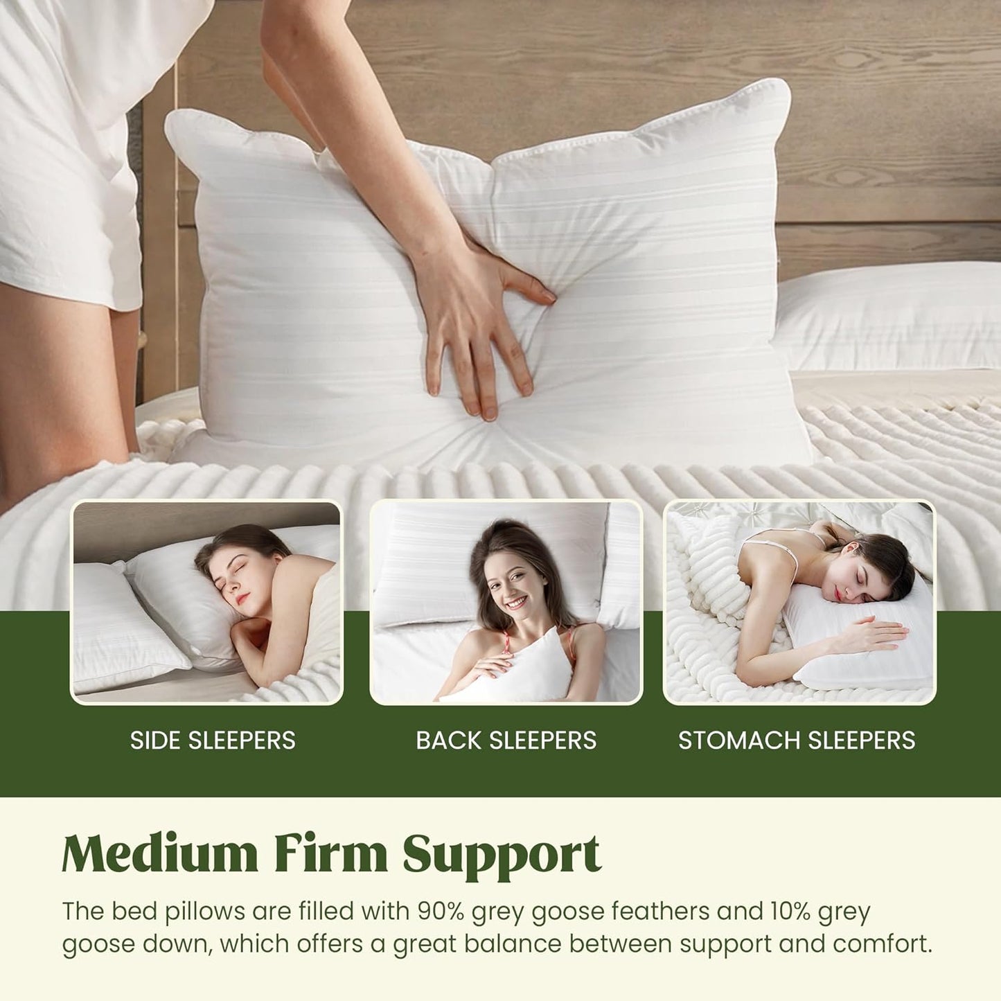 Goose Feather down Pillows, Bed Pillows for Sleeping with 2 Outer Protectors, Hotel Standard/Queen Pillows Set of 2 (Pack of 2)