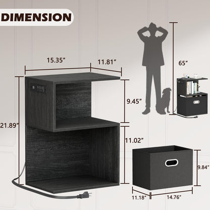 S Nightstand with Charging Station, 3 Tier Open End Table with Drawer, Wood Bedside Table with Storage for Living Room/Bedroom/Small Space, Black Oak