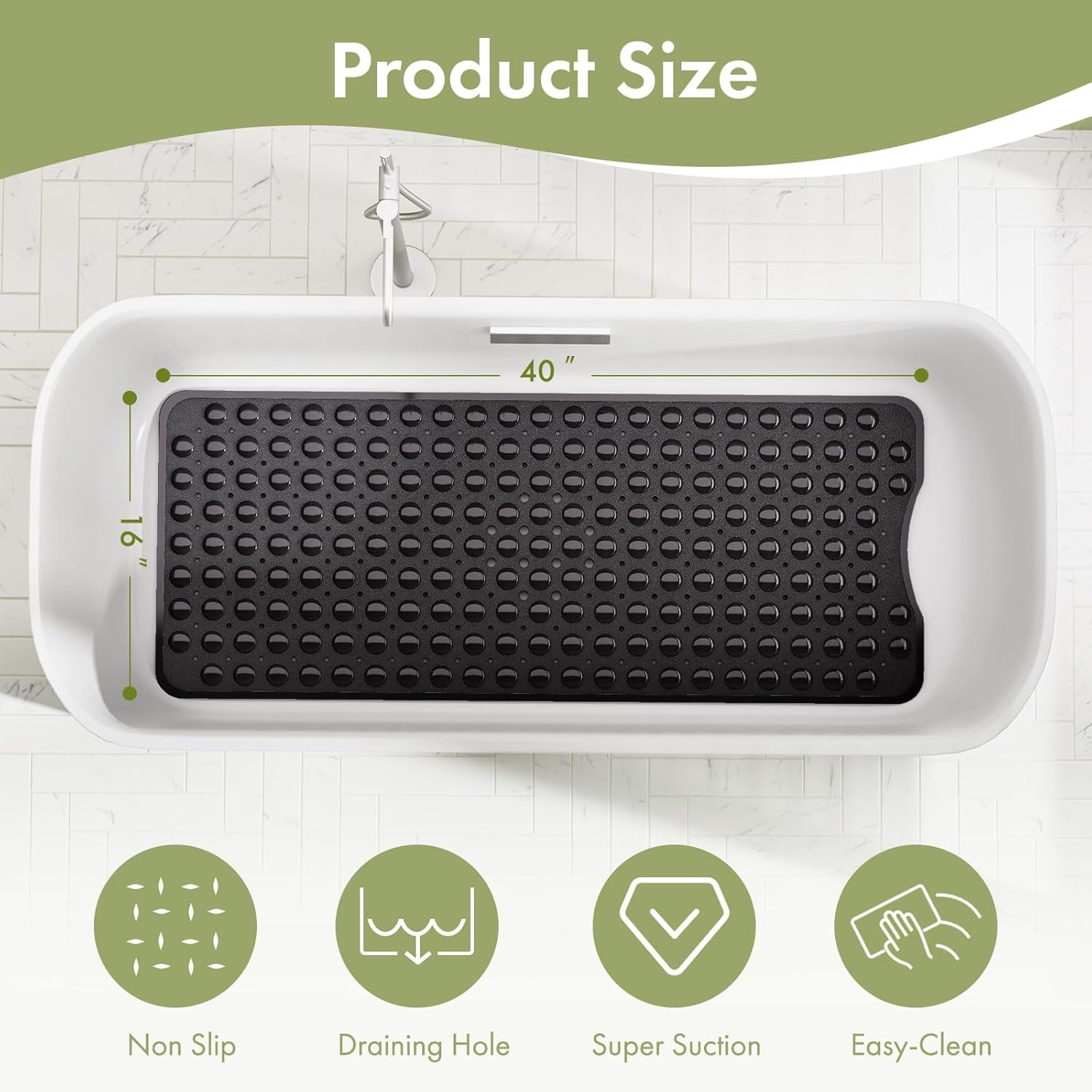 Shower Mat Non Slip 40 X 16 Inches, Shower Stall Mats with Suction Cups and Drain Holes, Non Slip Bath Mat for Tub for Elderly & Kids, Clear Black