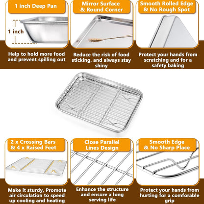 10.4 + 9 Inch Toaster Oven Pans with Racks, 4 Pieces Stainless Steel Oven Tray Baking Pan Sheet and Cooling Rack for Oven Cooking Roasting, Non Toxic & Dishwasher Safe