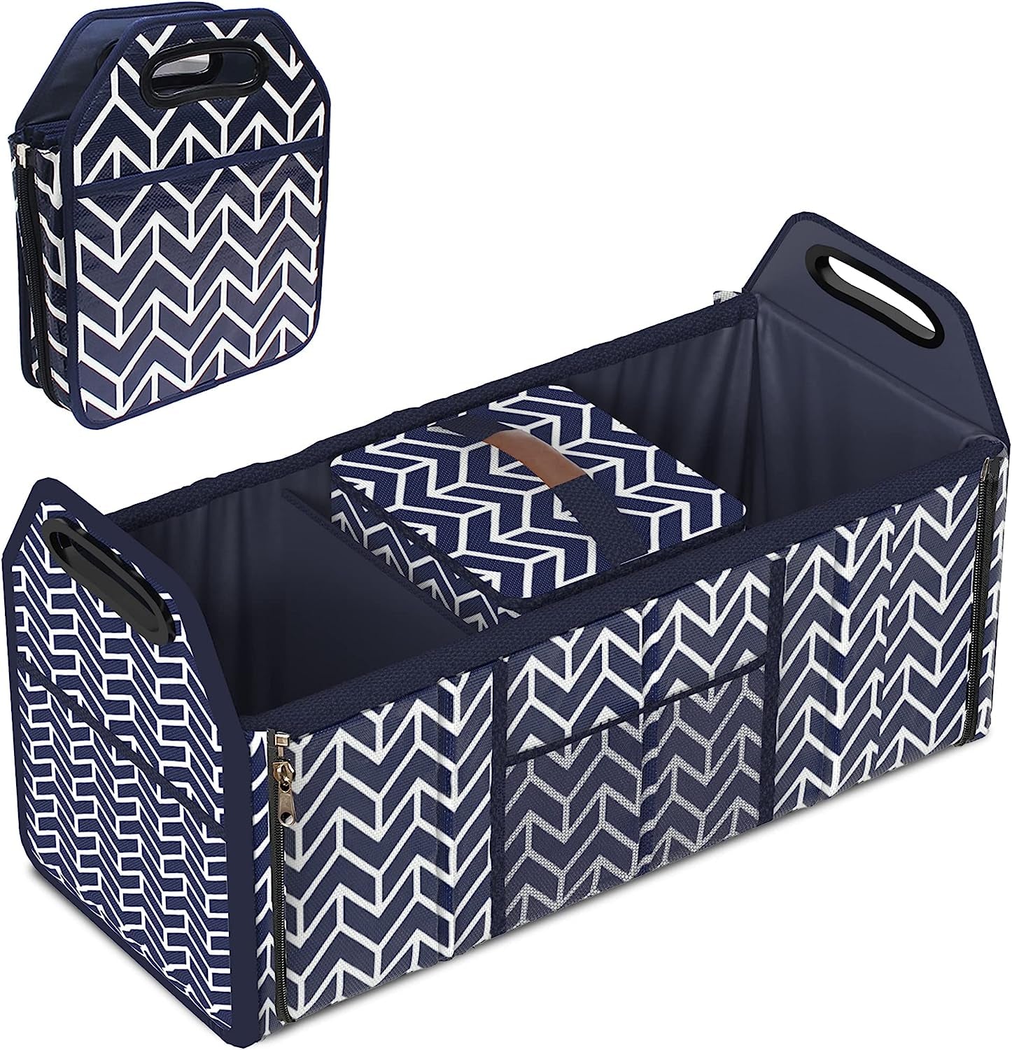Foldable Car Trunk Organizer and Insulation Cooler Bag with Collapsible Design and Three Compartments for SUV Storage, Navy Blue