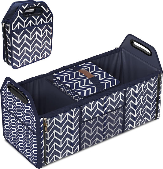 Foldable Car Trunk Organizer and Insulation Cooler Bag with Collapsible Design and Three Compartments for SUV Storage, Navy Blue