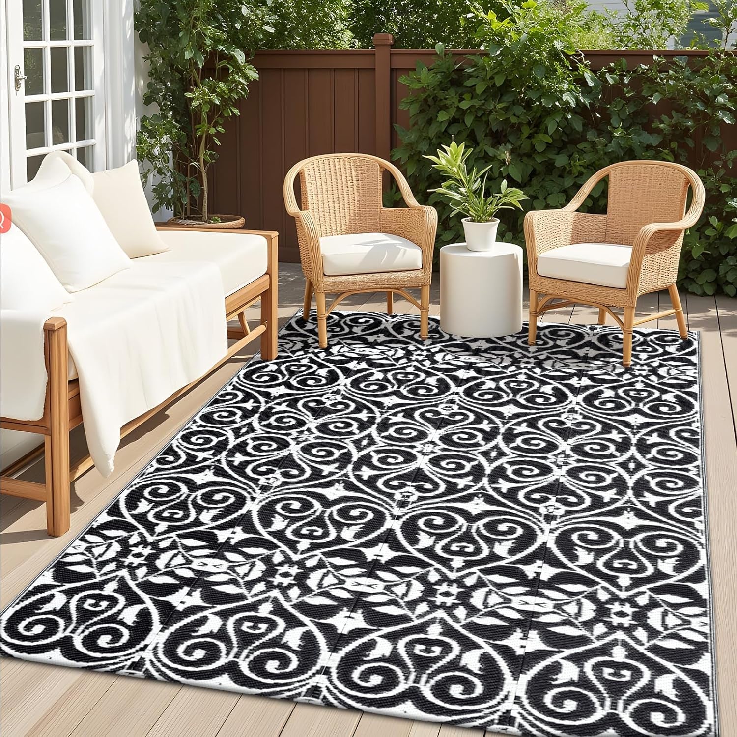 Outdoor Rug Waterproof 5X8 Ft Clearance, Reversible Outdoor Plastic Straw Rug with Floral Pattern, RV Mat for Patio, Camping, Balcony, Deck, Backyard, Black & White