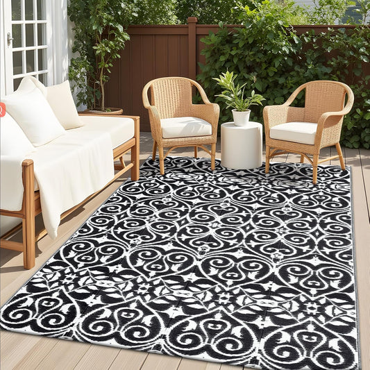 Outdoor Rug Waterproof 5X8 Ft Clearance, Reversible Outdoor Plastic Straw Rug with Floral Pattern, RV Mat for Patio, Camping, Balcony, Deck, Backyard, Black & White