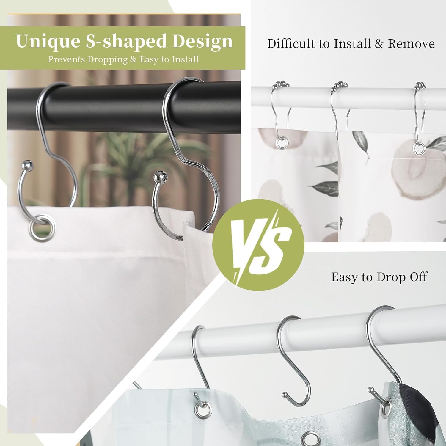 24 Pack Shower Curtain Hooks, Anti-Fall S-Shaped Shower Curtain Ring, Decorative Silver Shower Curtain Hooks Rings Rust Proof Shower Rings for Curtain, Shower Hooks for Shower Curtain, Chrome