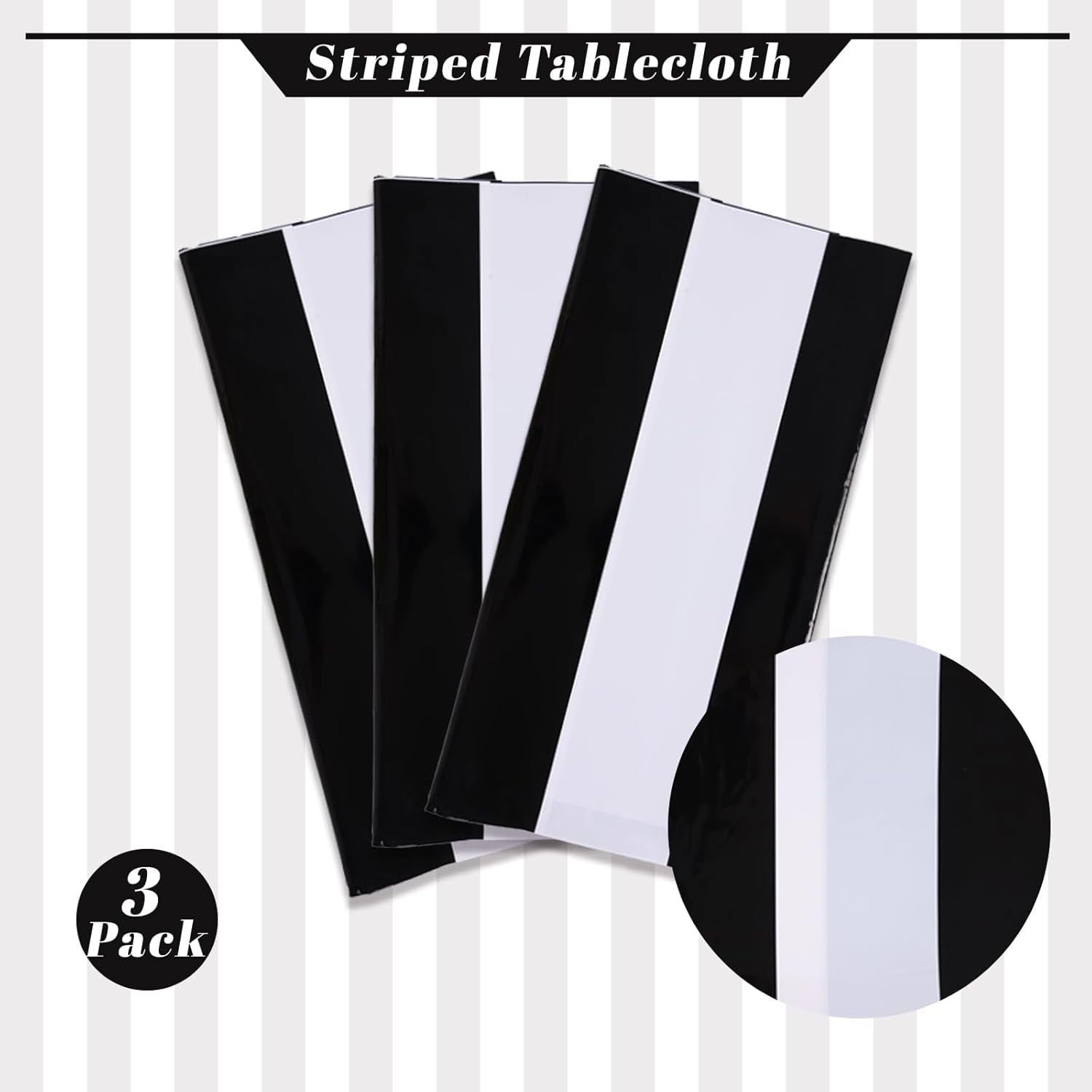 3 Packs Black and White Horizontal Striped Table Cloth 54 X 108 Inch Classic Black Stripe Tablecloths Disposable Plastic Stripe Table Covers Waterproof Picnic Tablecover for Halloween Party