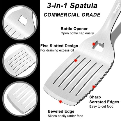 2-Piece Heavy Duty BBQ Grill Tools Set, Professional Stainless Steel Grilling Spatula & Fork with Full Tang Silicone Handle, Outdoor Grill Accessories for Barbecue Cooking