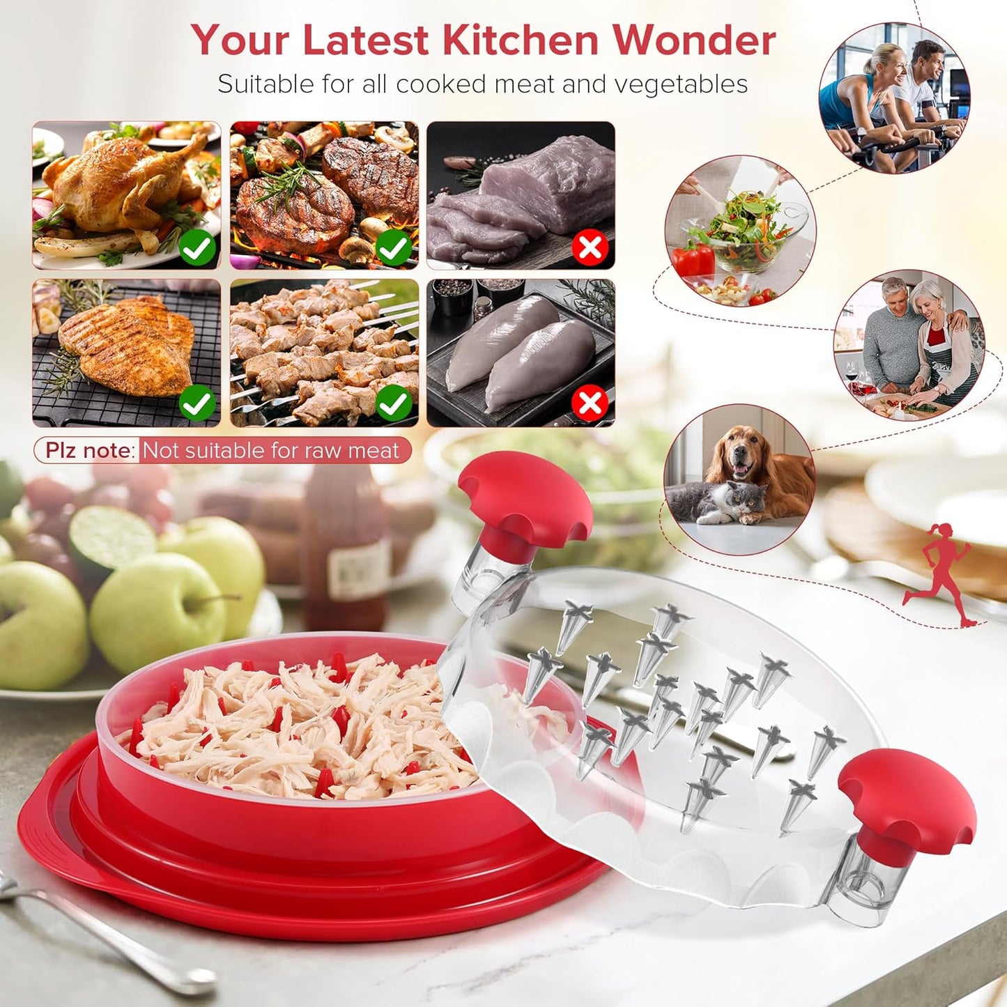 3Rd Gen Chicken Shredder Tool Twist Large with Detachable Plate for Easy Transfer, Chicken Breast Shredder, Meat Shredder, Strong Anti-Slip Strip Base, Visible Lid, Ergonomic Handle, Dishwasher Safe