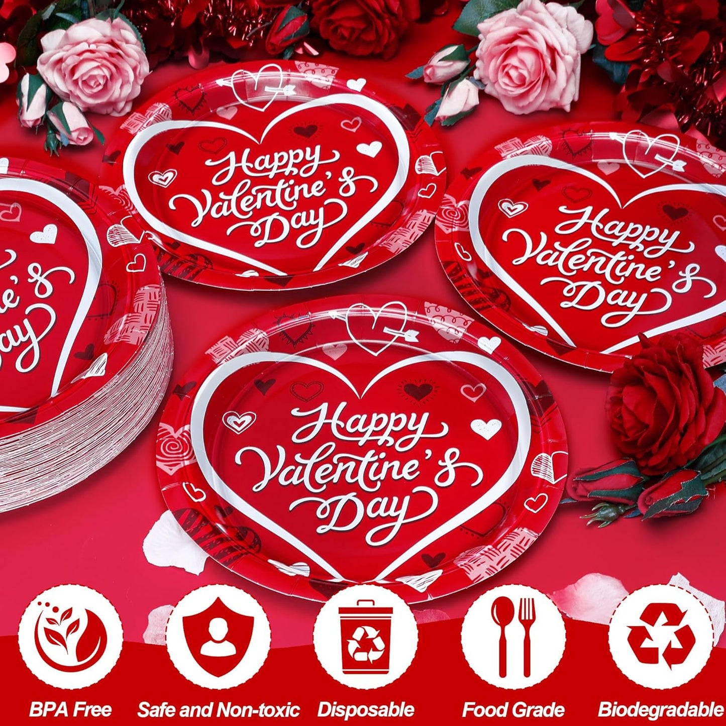50 PCS Valentines Paper Plates, 9-Inch round Heart Plates, Happy Valentines Day Design Red Heart Plates Heart Disposable Plates, Heart Decorations for Party Wedding Birthday Anniversary